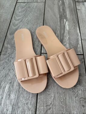 Melissa Beige Slide Sandals with Buckle Accent